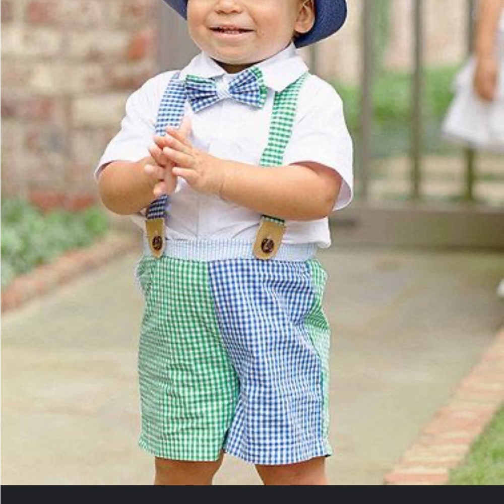 Mud pie checkered two piece outfit with suspenders 12-18 months boy